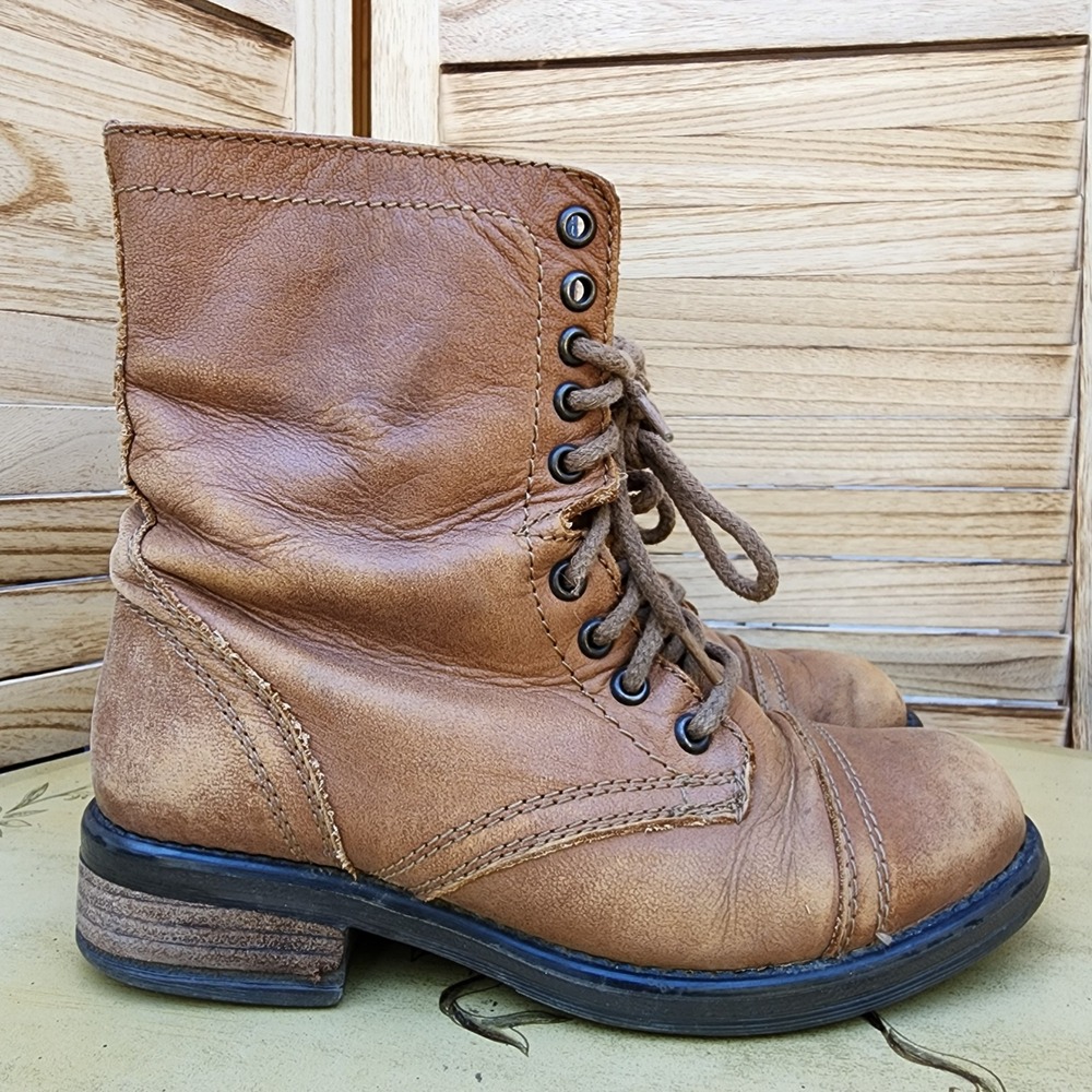 Steve Madden 7 1/2 Tan Leather Combat Boots Troopa Lace Up Side Zip Moto Biker